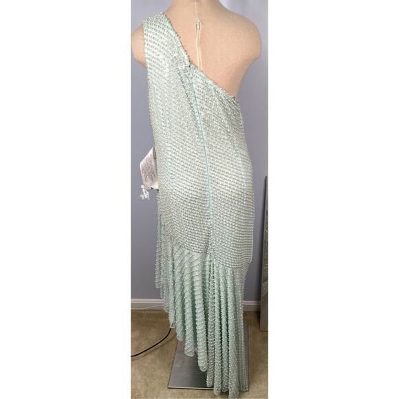 Mac Duggal One Shoulder Asymmetrical Sequin Pearl Sea Foam Green Gown Size 12 - Picture 5 of 14